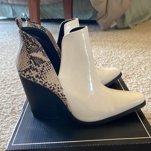 Qupid Slay bootie in white croc and snake skin